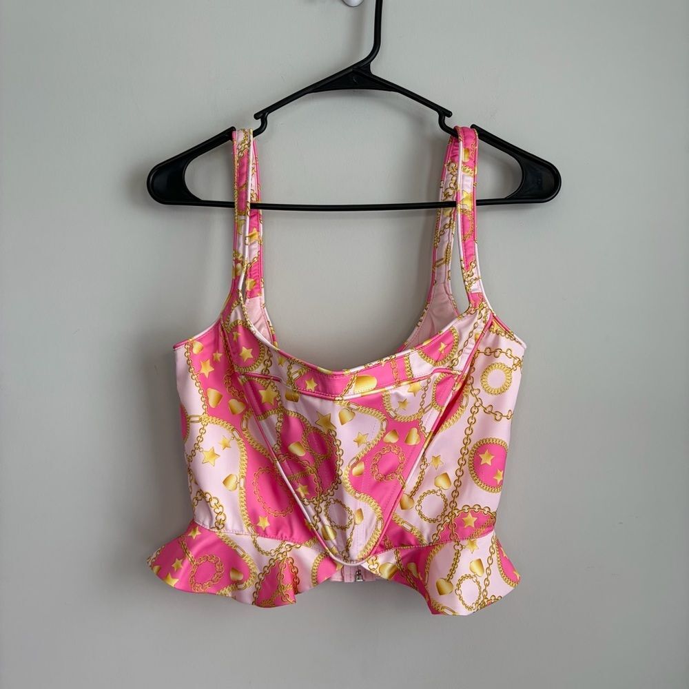 Sugar Thrillz Made To Move Satin Chain Print Corset Top Ruffle Crop
